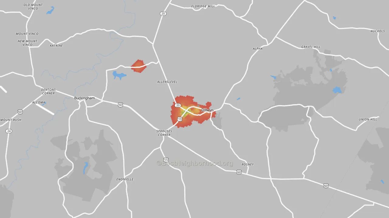 Walk Grade map of 23936, VA, walkable areas in green and car-dependent areas in red