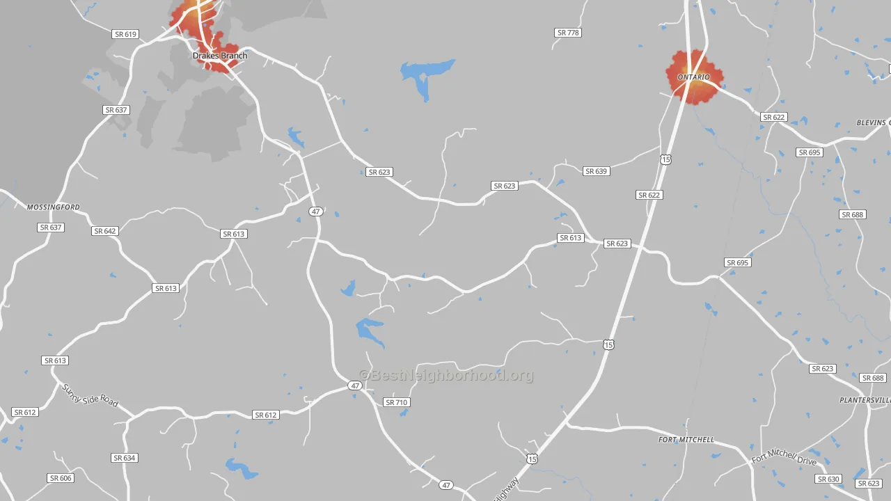 Walk Grade map of 23937, VA, walkable areas in green and car-dependent areas in red