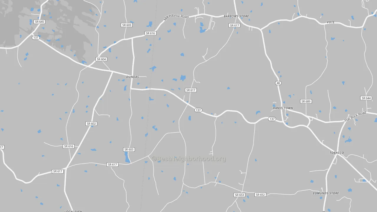 Walk Grade map of 23938, VA, walkable areas in green and car-dependent areas in red