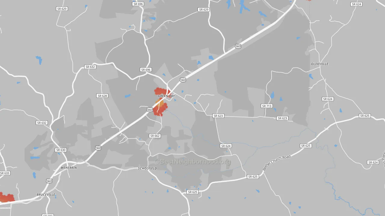 Walk Grade map of 23942, VA, walkable areas in green and car-dependent areas in red