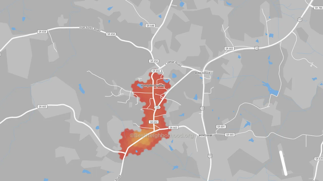 Walk Grade map of 23943, VA, walkable areas in green and car-dependent areas in red