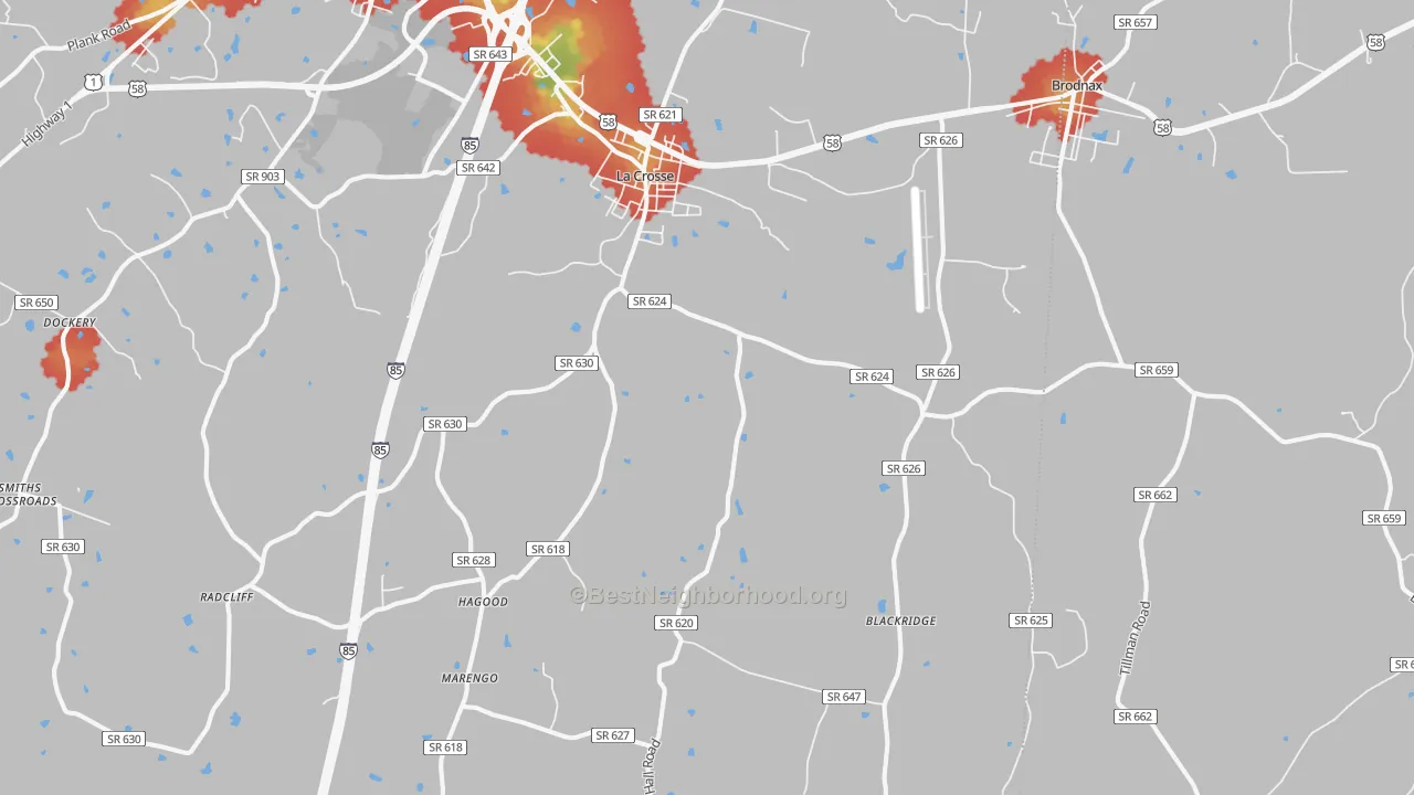 Walk Grade map of 23950, VA, walkable areas in green and car-dependent areas in red