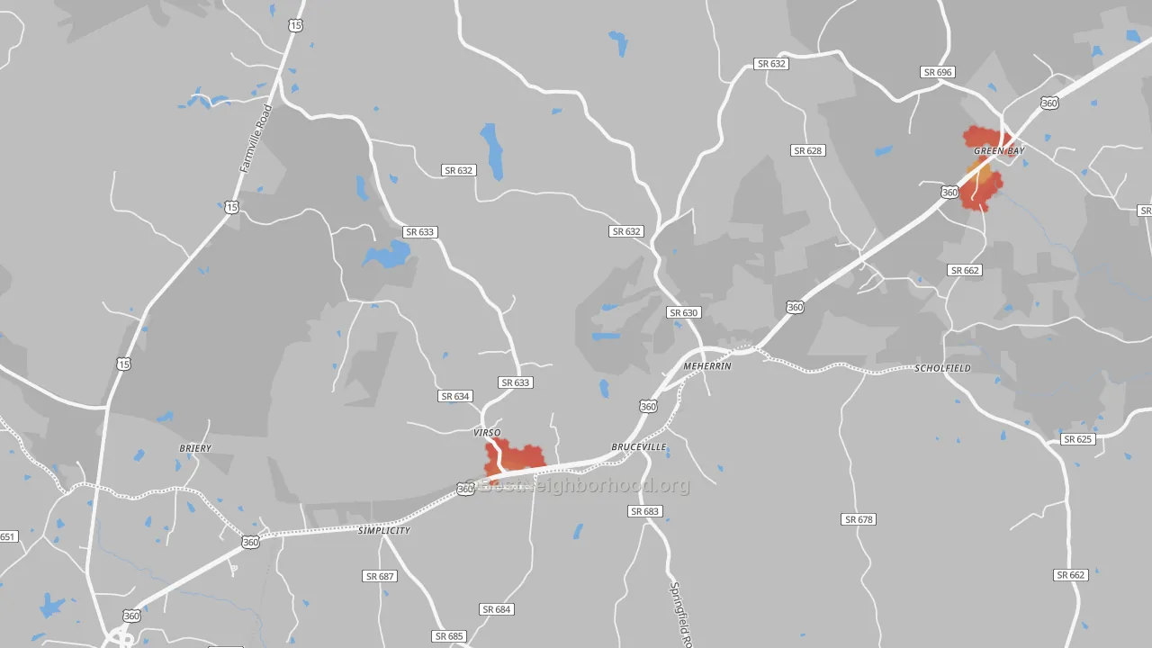 Walk Grade map of 23954, VA, walkable areas in green and car-dependent areas in red