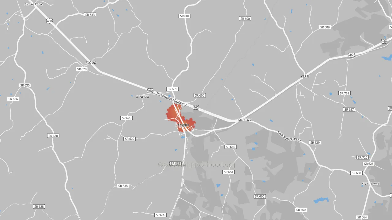Walk Grade map of 23958, VA, walkable areas in green and car-dependent areas in red