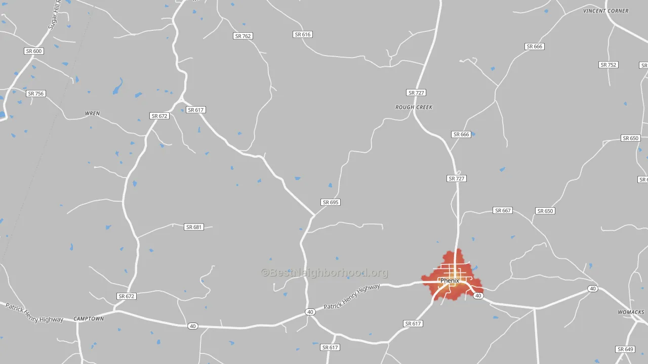 Walk Grade map of 23959, VA, walkable areas in green and car-dependent areas in red