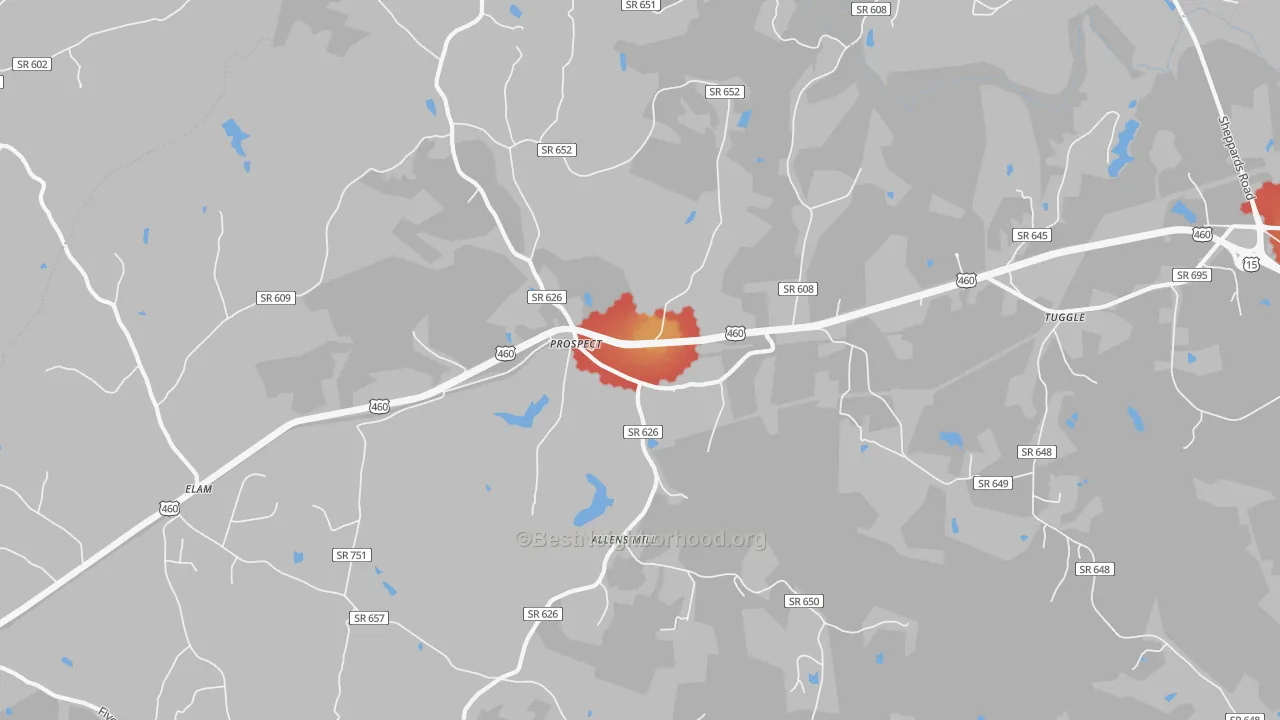 Walk Grade map of 23960, VA, walkable areas in green and car-dependent areas in red