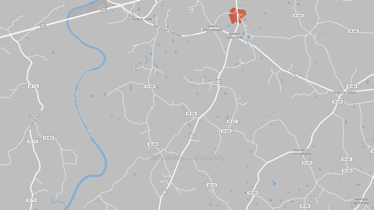 Walk Grade map of 23964, VA, walkable areas in green and car-dependent areas in red