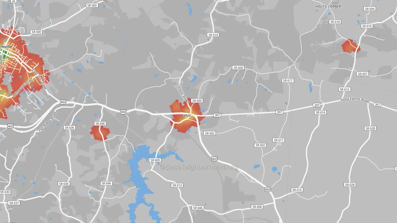 Walk Grade map of 23966, VA, walkable areas in green and car-dependent areas in red