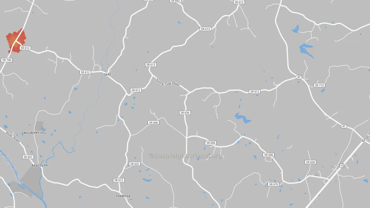 Walk Grade map of 23967, VA, walkable areas in green and car-dependent areas in red