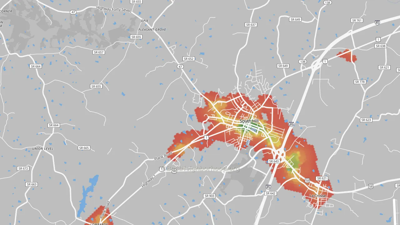 Walk Grade map of 23970, VA, walkable areas in green and car-dependent areas in red