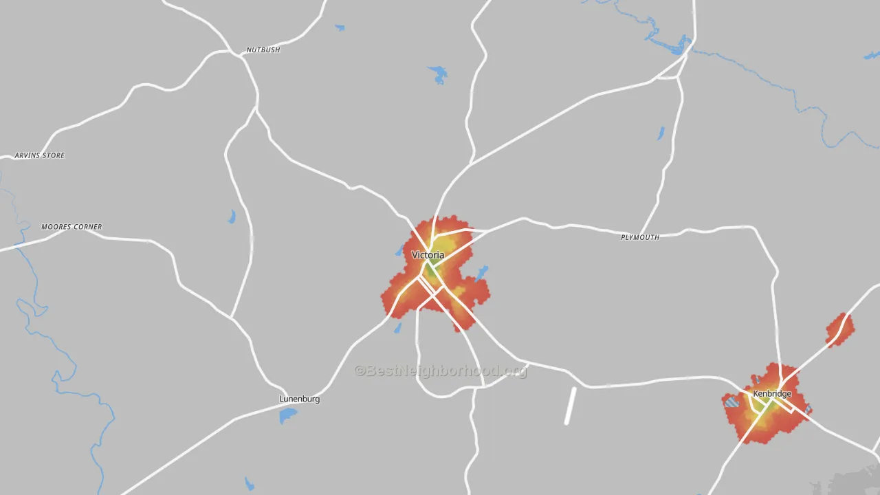 Walk Grade map of 23974, VA, walkable areas in green and car-dependent areas in red
