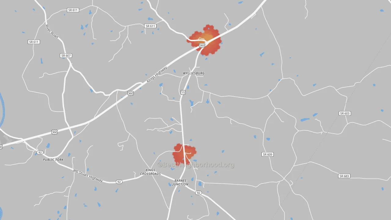 Walk Grade map of 23976, VA, walkable areas in green and car-dependent areas in red