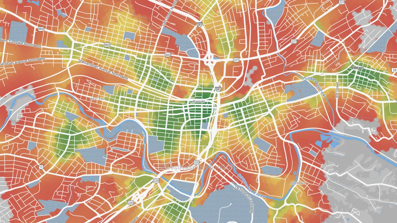 Walk Grade map of 24011, VA, walkable areas in green and car-dependent areas in red