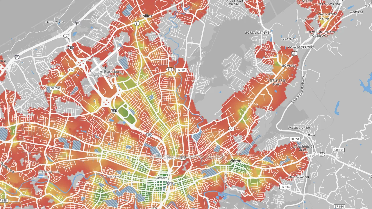 Walk Grade map of 24012, VA, walkable areas in green and car-dependent areas in red