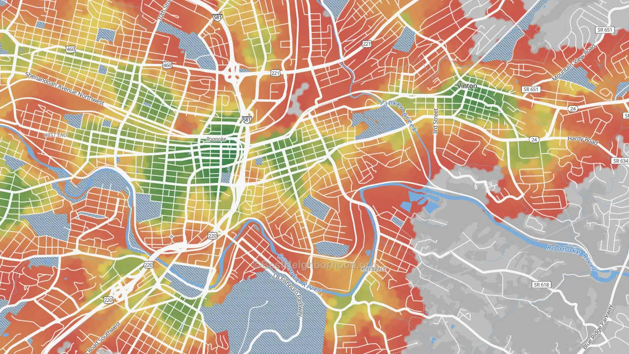 Walk Grade map of 24013, VA, walkable areas in green and car-dependent areas in red