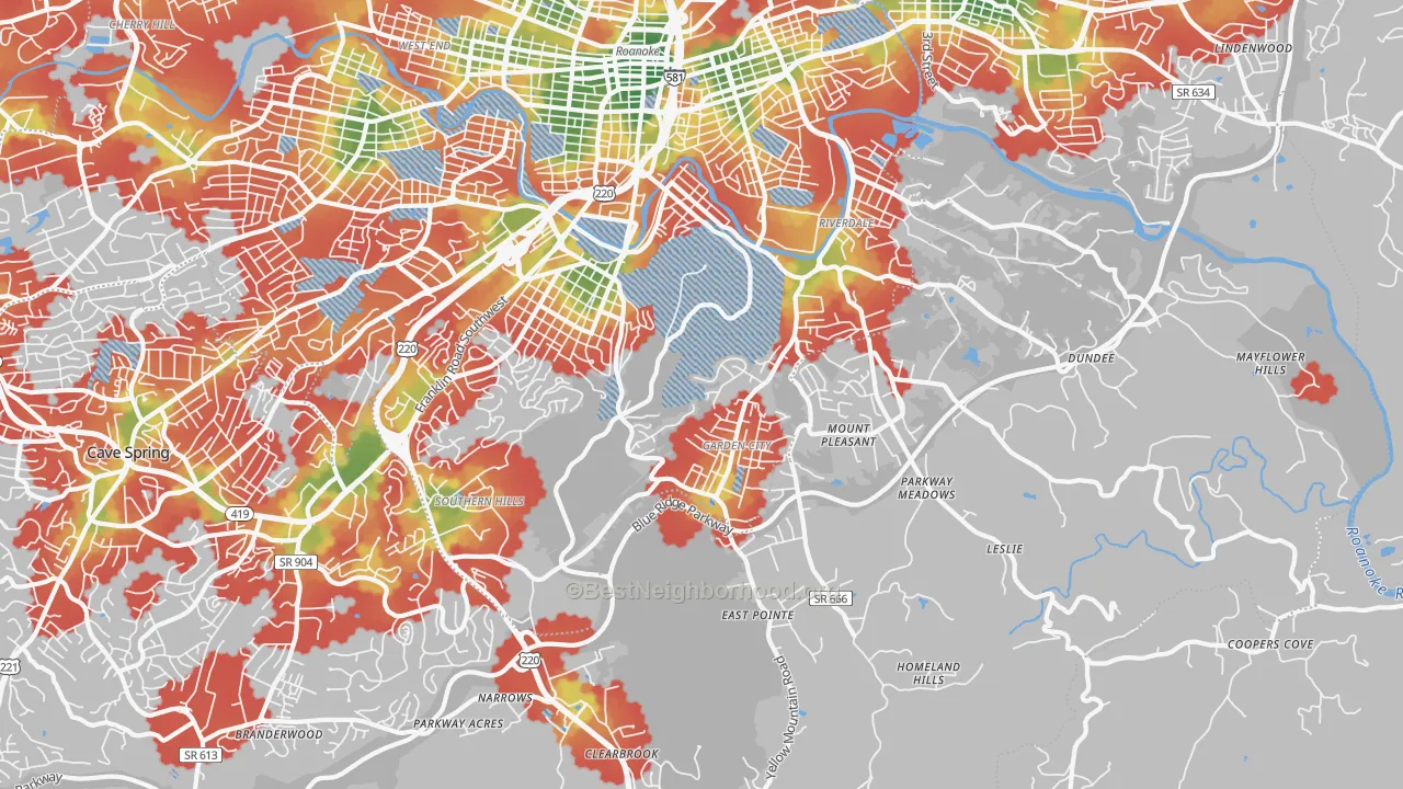 Walk Grade map of 24014, VA, walkable areas in green and car-dependent areas in red