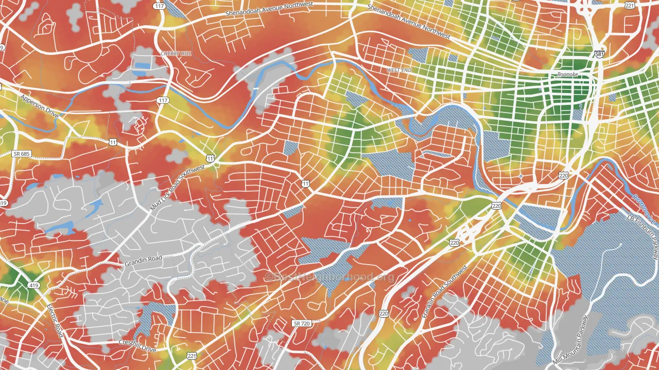 Walk Grade map of 24015, VA, walkable areas in green and car-dependent areas in red