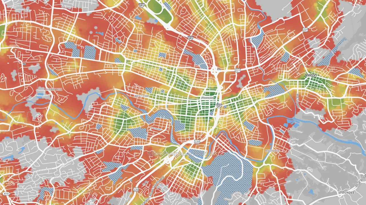 Walk Grade map of 24016, VA, walkable areas in green and car-dependent areas in red
