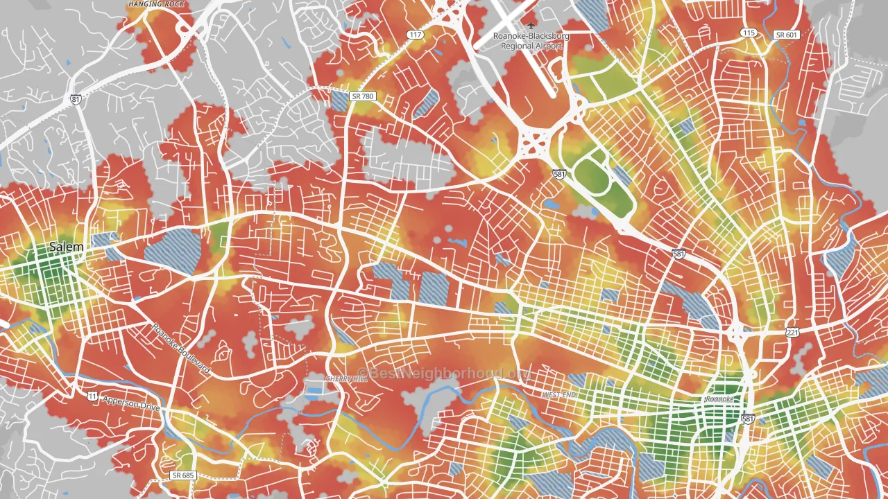 Walk Grade map of 24017, VA, walkable areas in green and car-dependent areas in red