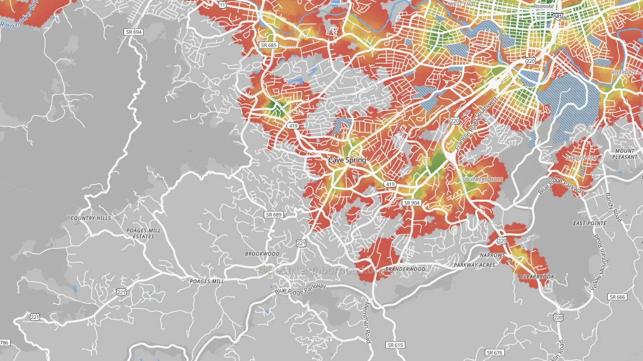 Walk Grade map of 24018, VA, walkable areas in green and car-dependent areas in red