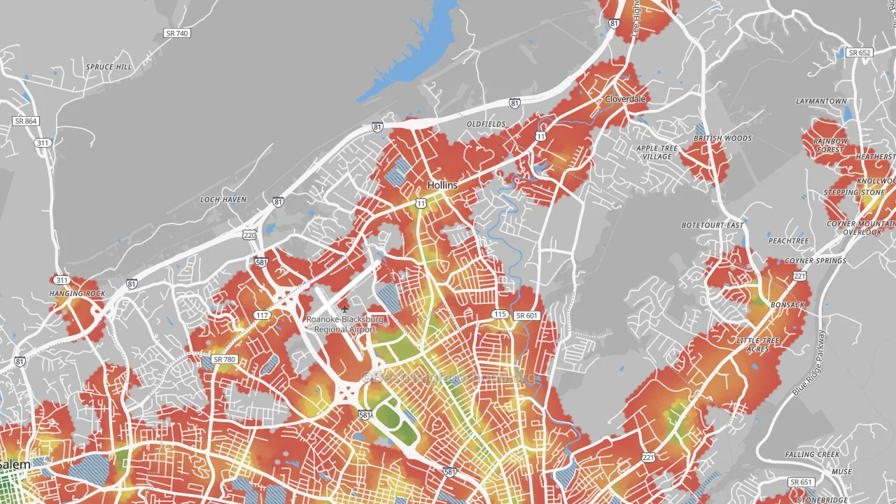 Walk Grade map of 24019, VA, walkable areas in green and car-dependent areas in red