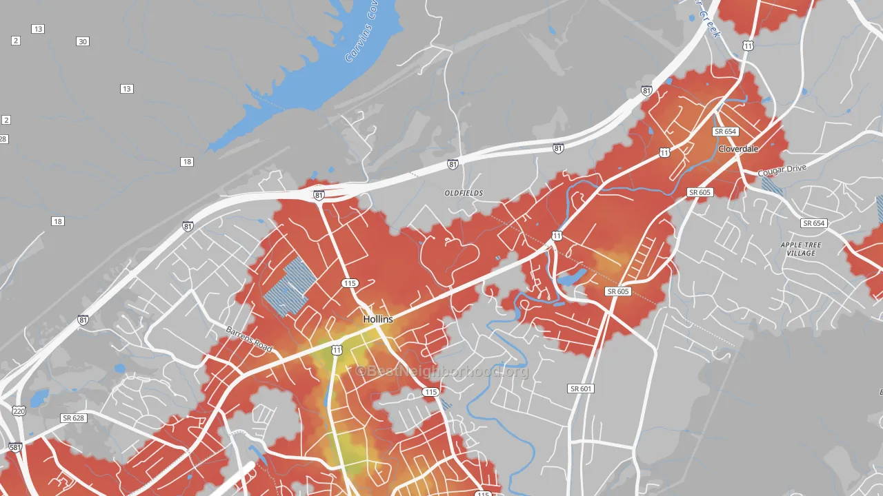 Walk Grade map of 24020, VA, walkable areas in green and car-dependent areas in red