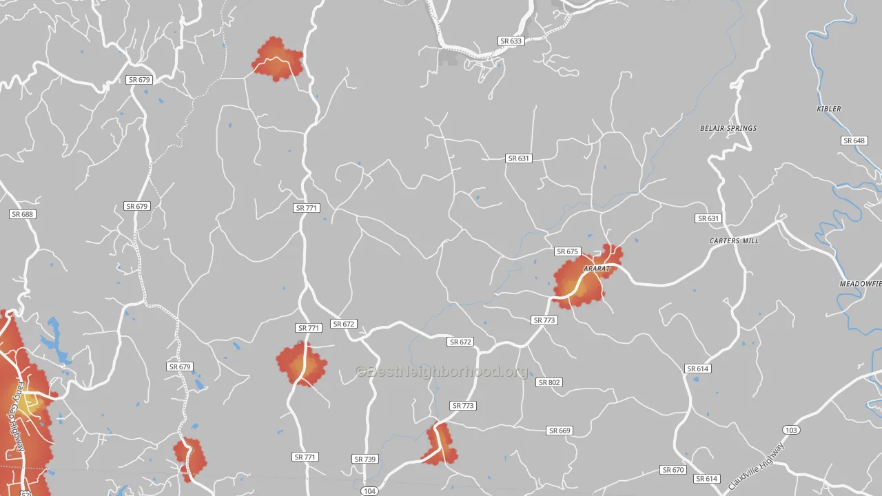 Walk Grade map of 24053, VA, walkable areas in green and car-dependent areas in red
