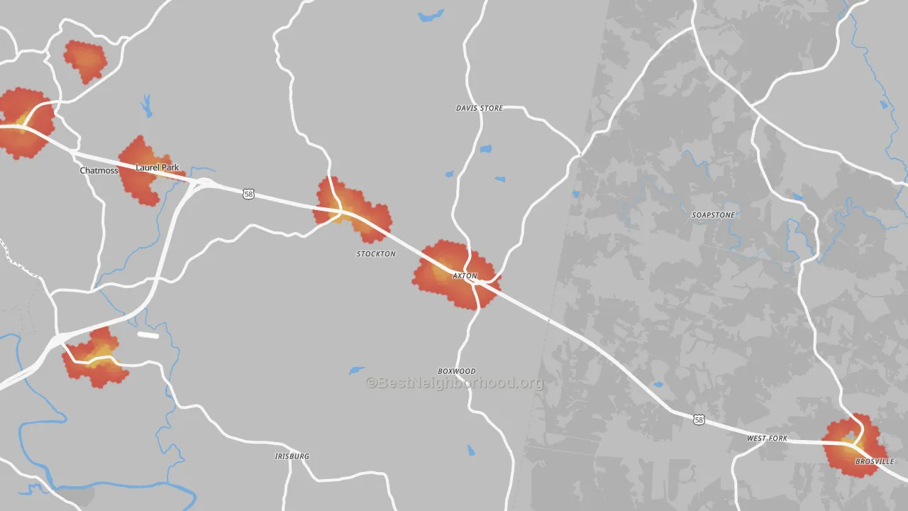 Walk Grade map of 24054, VA, walkable areas in green and car-dependent areas in red