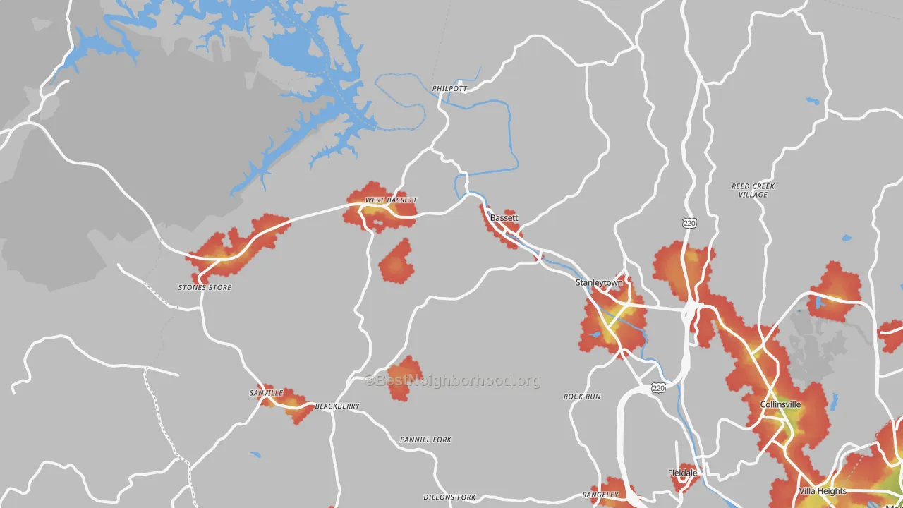 Walk Grade map of 24055, VA, walkable areas in green and car-dependent areas in red