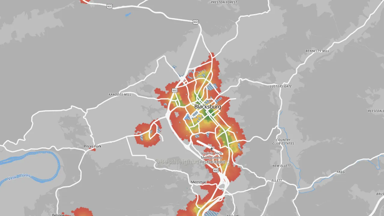 Walk Grade map of 24060, VA, walkable areas in green and car-dependent areas in red