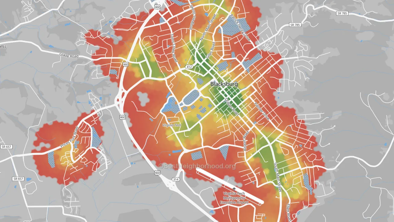 Walk Grade map of 24061, VA, walkable areas in green and car-dependent areas in red