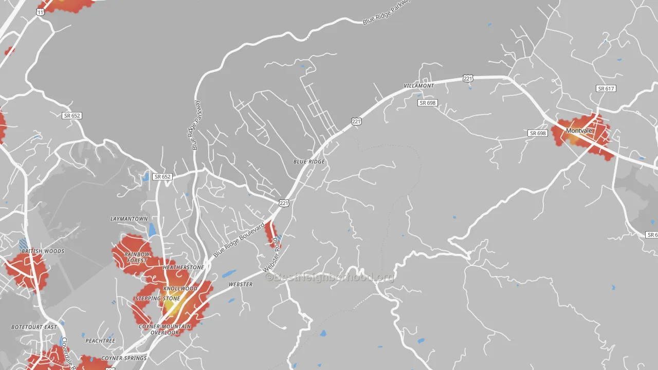 Walk Grade map of 24064, VA, walkable areas in green and car-dependent areas in red
