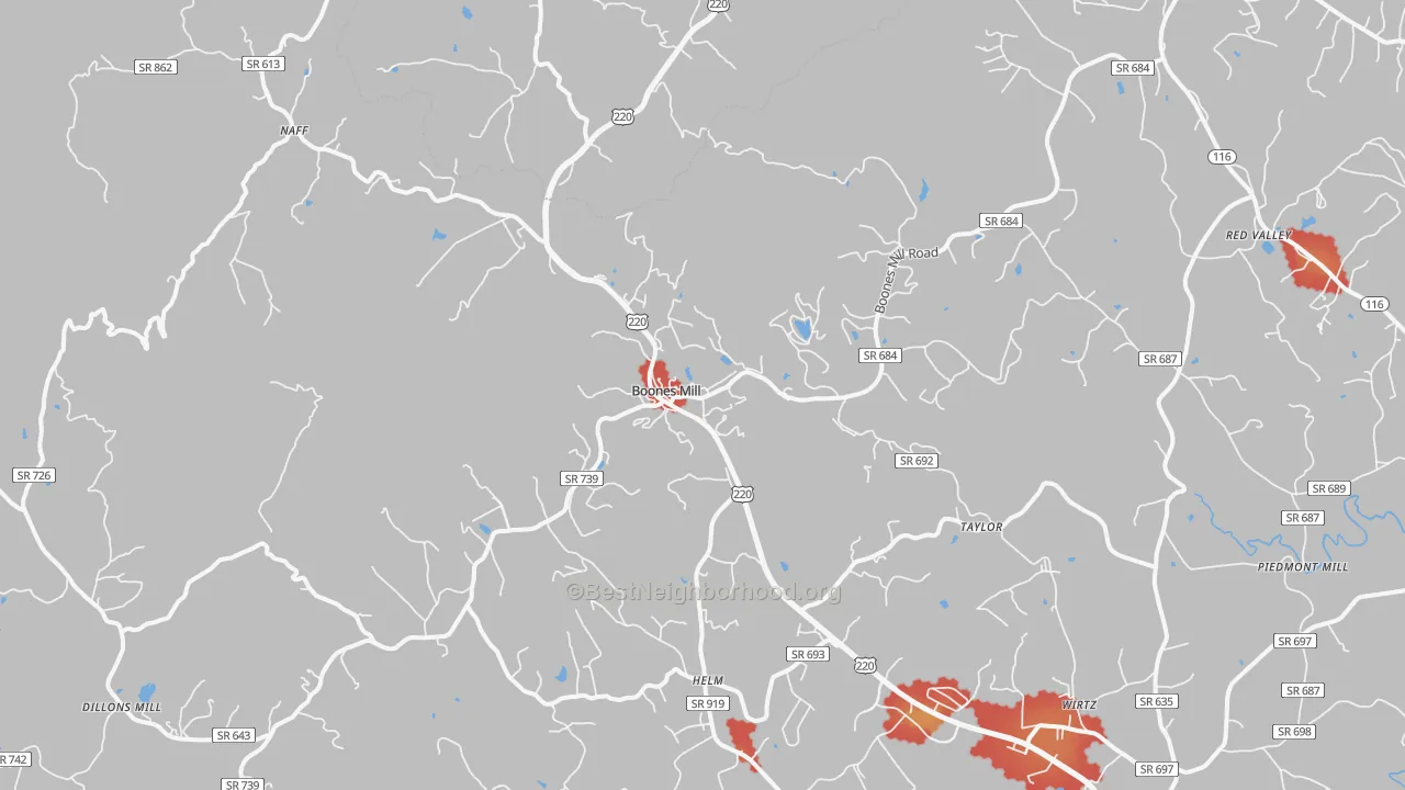 Walk Grade map of 24065, VA, walkable areas in green and car-dependent areas in red