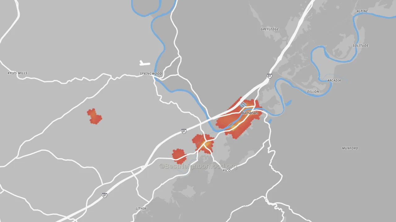 Walk Grade map of 24066, VA, walkable areas in green and car-dependent areas in red