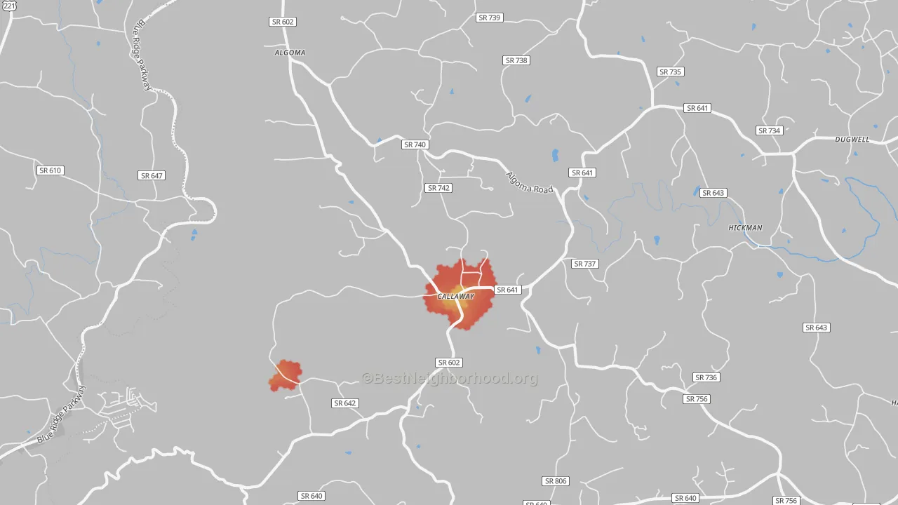 Walk Grade map of 24067, VA, walkable areas in green and car-dependent areas in red