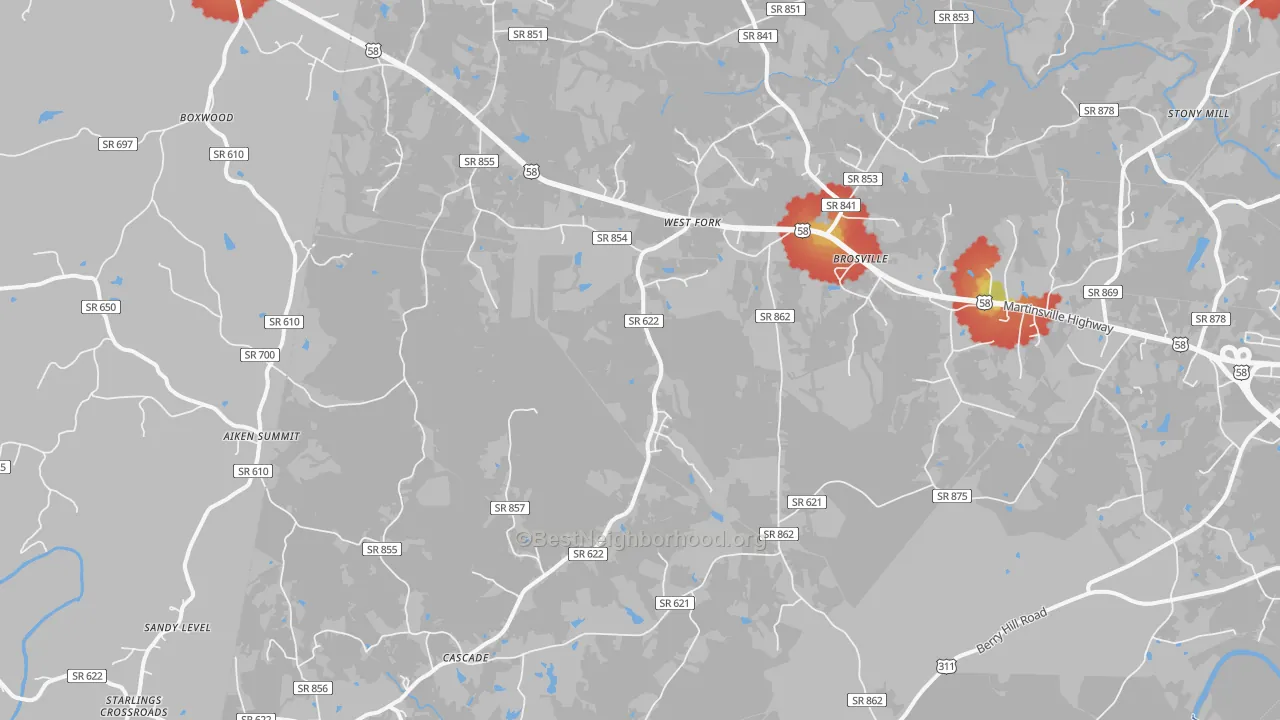 Walk Grade map of 24069, VA, walkable areas in green and car-dependent areas in red
