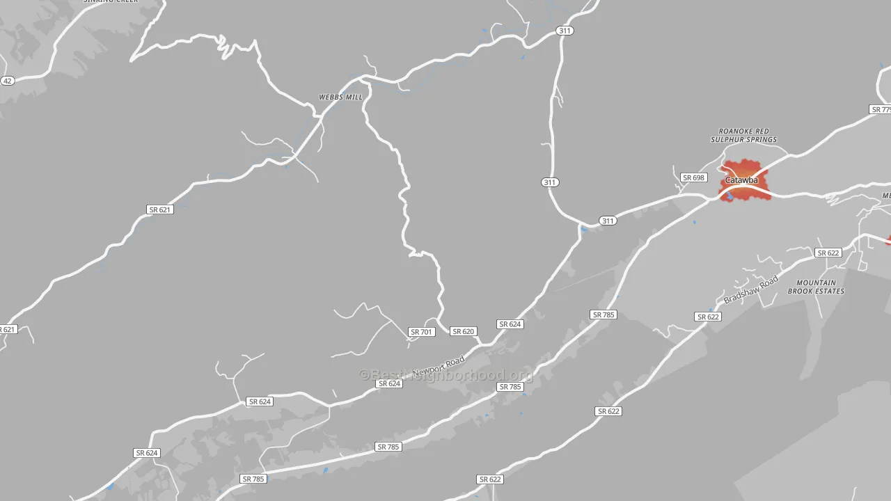 Walk Grade map of 24070, VA, walkable areas in green and car-dependent areas in red