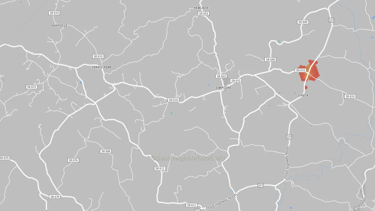 Walk Grade map of 24072, VA, walkable areas in green and car-dependent areas in red