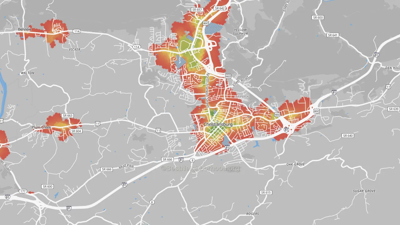 Walk Grade map of 24073, VA, walkable areas in green and car-dependent areas in red