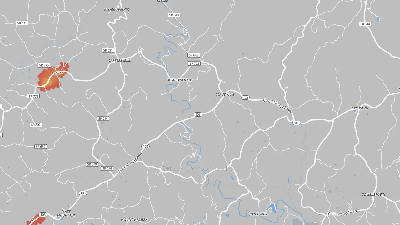 Walk Grade map of 24076, VA, walkable areas in green and car-dependent areas in red