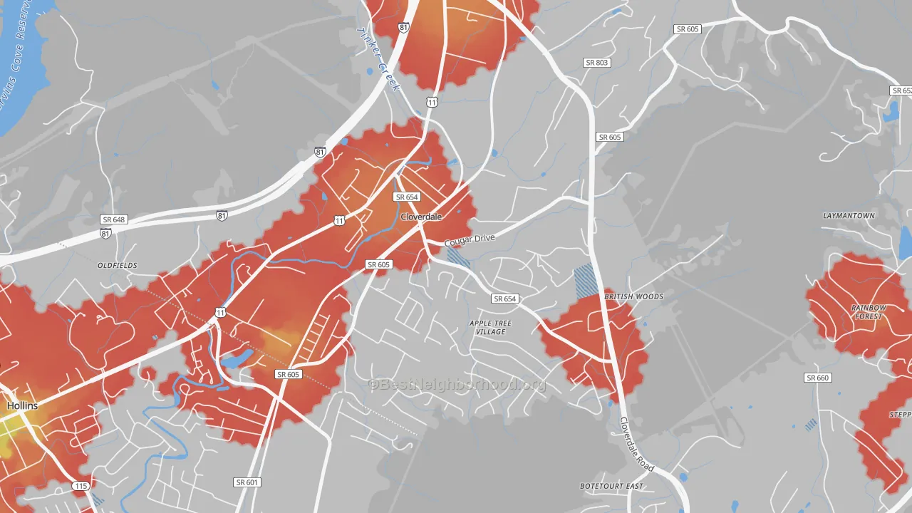 Walk Grade map of 24077, VA, walkable areas in green and car-dependent areas in red