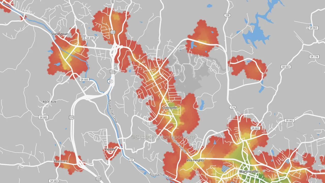 Walk Grade map of 24078, VA, walkable areas in green and car-dependent areas in red