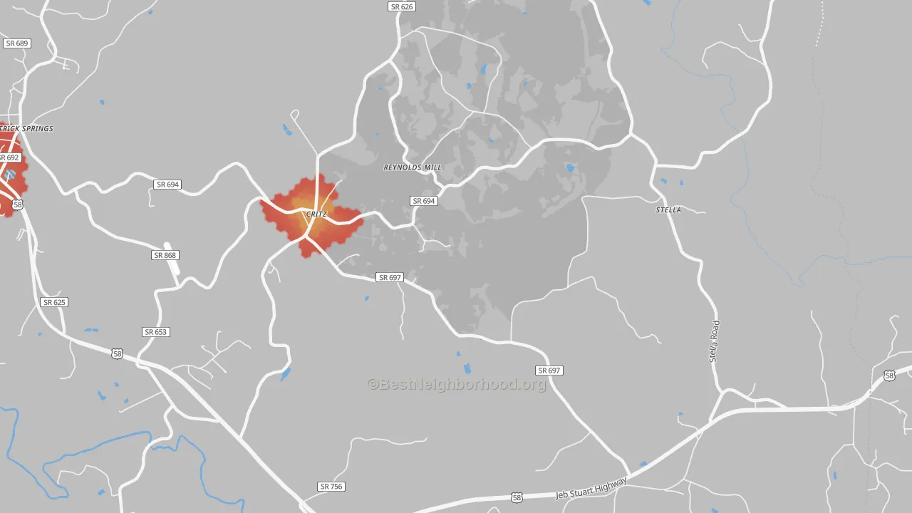Walk Grade map of 24082, VA, walkable areas in green and car-dependent areas in red