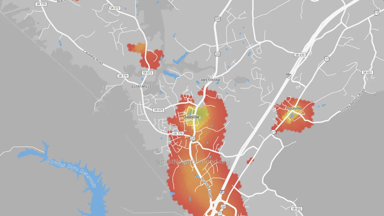 Walk Grade map of 24083, VA, walkable areas in green and car-dependent areas in red