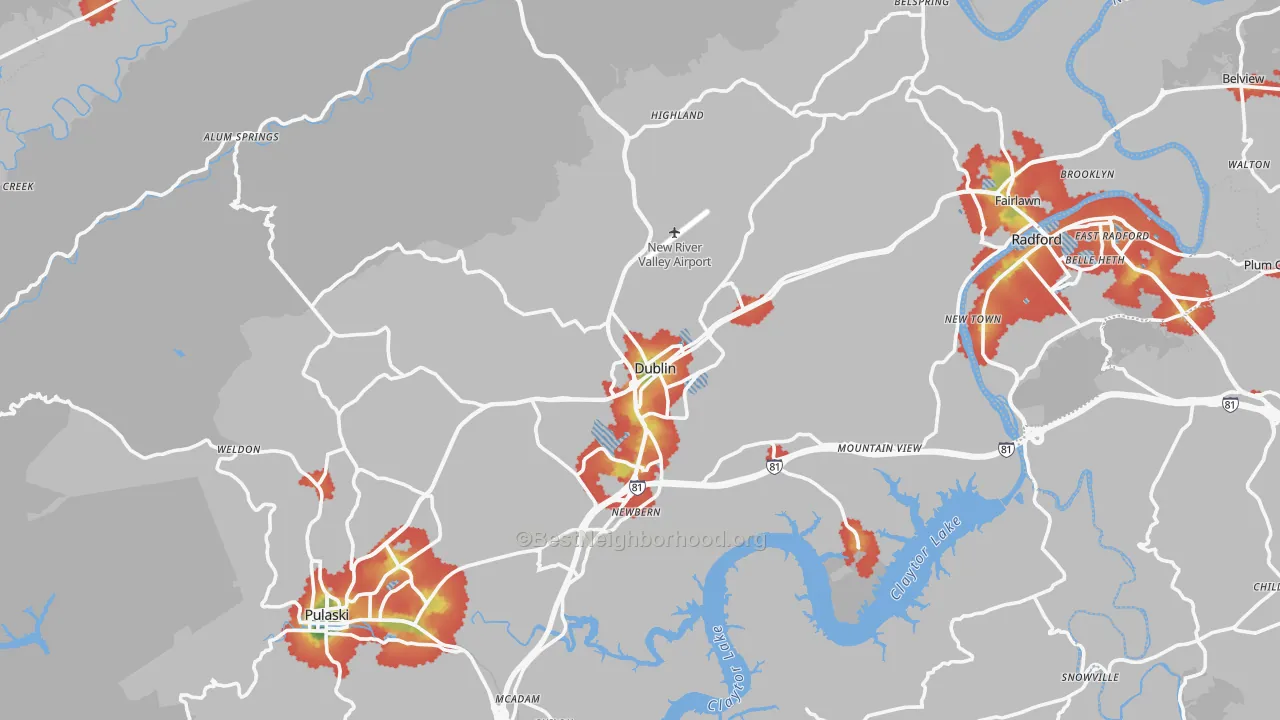 Walk Grade map of 24084, VA, walkable areas in green and car-dependent areas in red