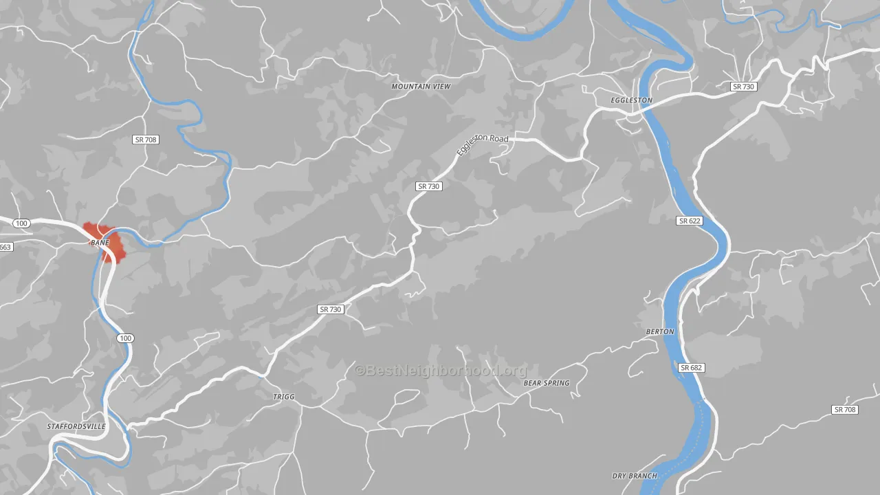 Walk Grade map of 24086, VA, walkable areas in green and car-dependent areas in red