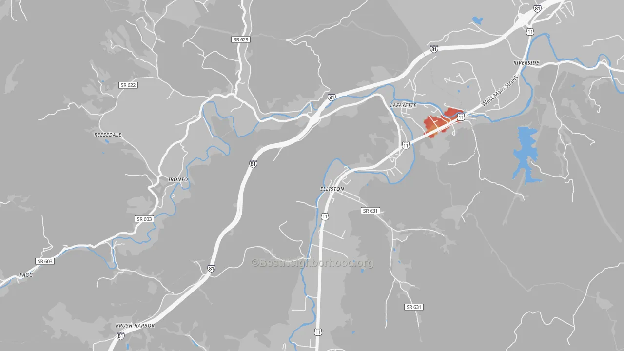 Walk Grade map of 24087, VA, walkable areas in green and car-dependent areas in red