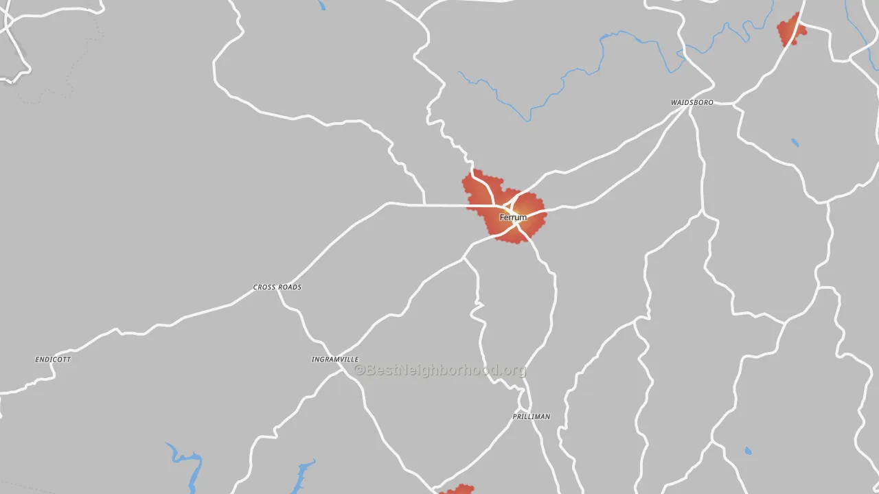 Walk Grade map of 24088, VA, walkable areas in green and car-dependent areas in red
