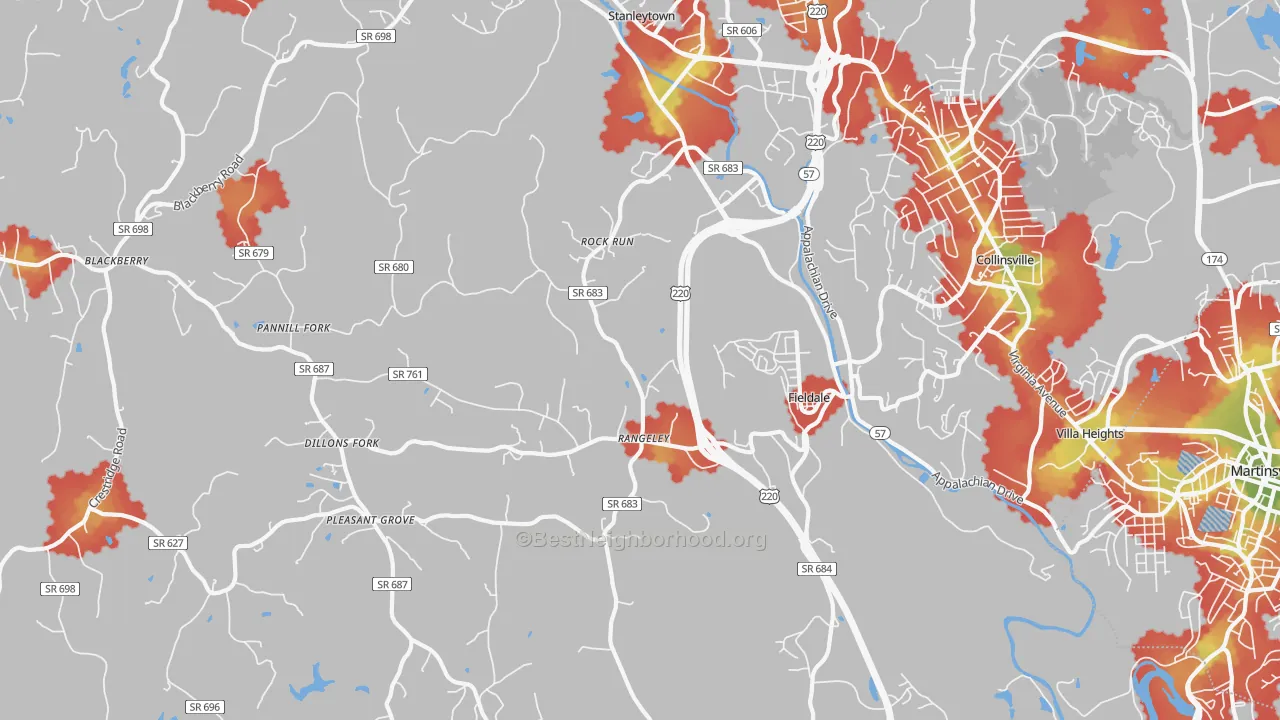 Walk Grade map of 24089, VA, walkable areas in green and car-dependent areas in red