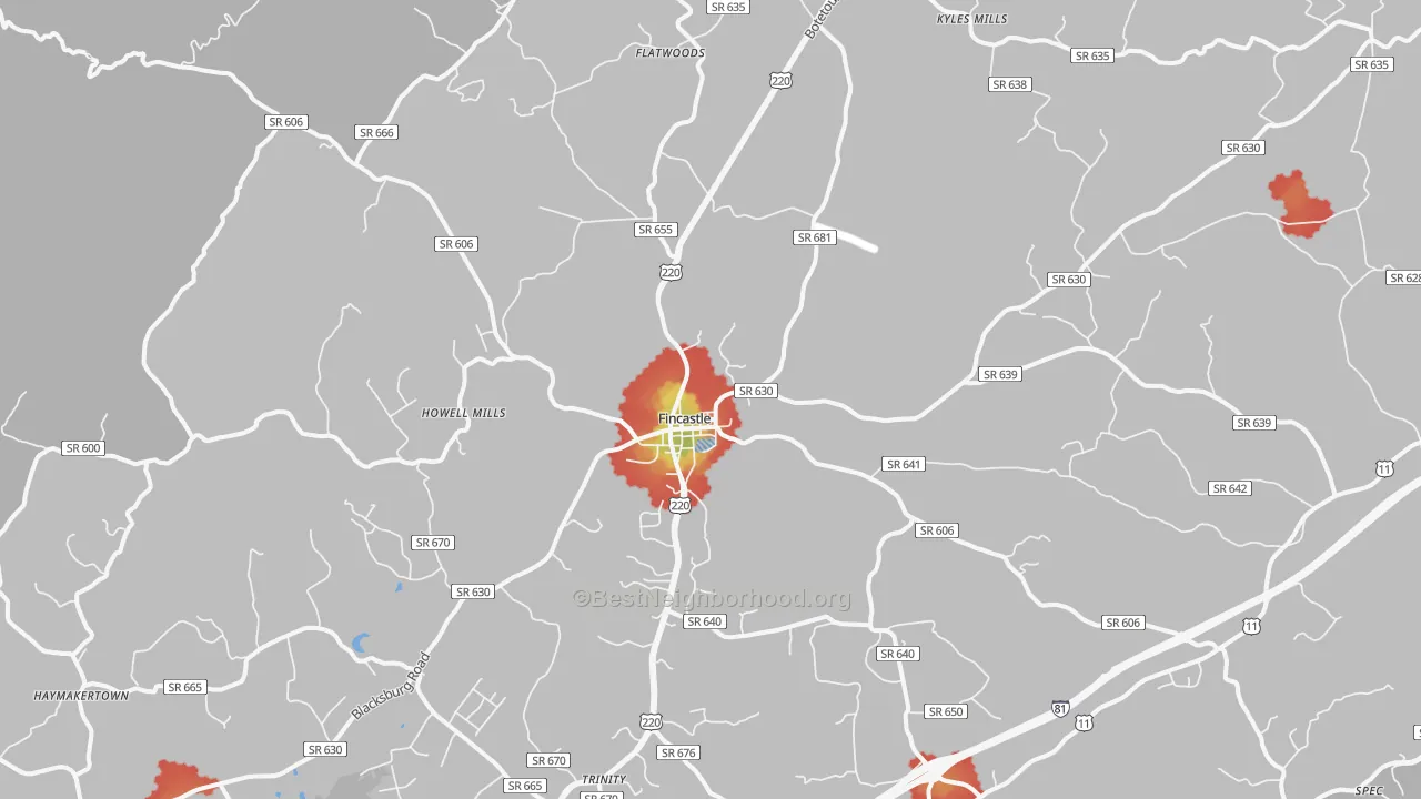 Walk Grade map of 24090, VA, walkable areas in green and car-dependent areas in red